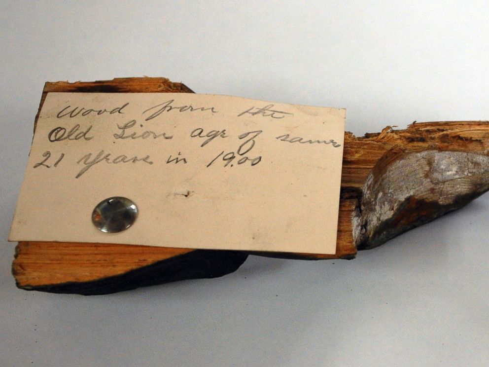 PHOTO: A piece of wood with the hand written description, ?Wood removed from the Old Lion age of same 21 years in 1900 is displayed after it was taken from a 1901 time capsule in Boston.