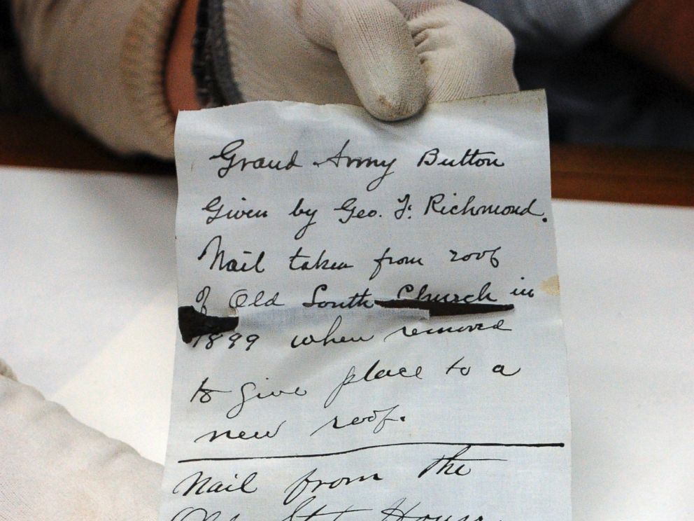 PHOTO: A nail from Old South Church is displayed after it was taken from a 1901 time capsule in Boston.